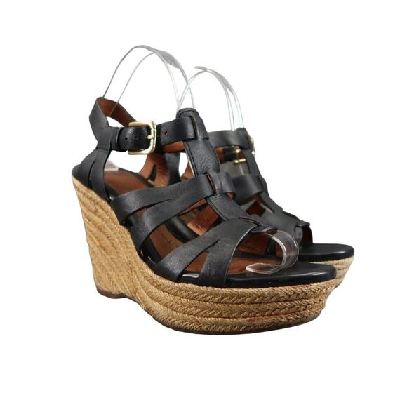 Sofft Shoes Womens 8.5 Sandals Wedge Espadrille Leather Strappy Platform Black - Picture 1 of 14